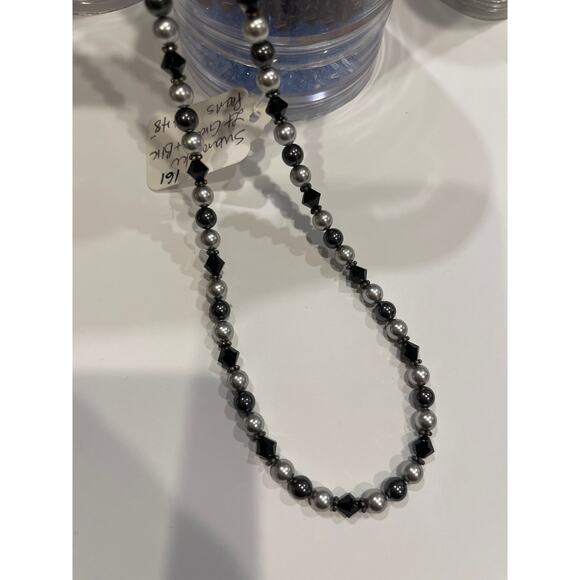 Black Austrian Crystals & Gray Pearls 18.75” Handcrafted Beaded Necklace - Picture 2 of 3
